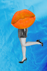 Artwork 3d image photo collage of anonym girl stand instead head mouth pouted lips pink pomade...