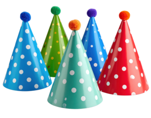 Five colorful polka dot party hats with pom-poms on top arranged together.
