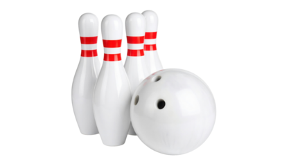 A white bowling ball positioned in front of a group of five white bowling pins with red stripes.