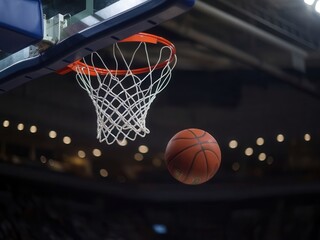 Fototapeta premium Suspended basketball with net against backdrop stadium lights bokeh view