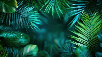 A vibrant collection of tropical leaves in various shades of green, showcasing nature's beauty and vitality while creating a serene atmosphere for relaxation and mindfulness.