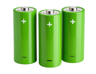 Three green cylindrical batteries with positive and negative terminals prominently displayed.