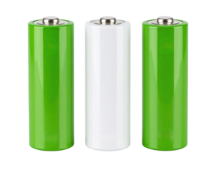 Three cylindrical batteries standing upright, two green and one white, with metallic tops.