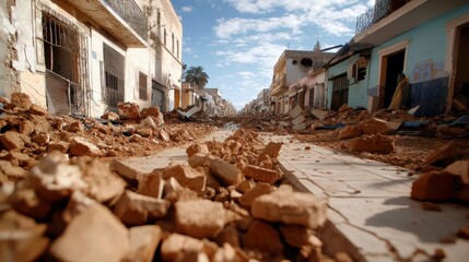 A powerful image depicting a street devastated by an earthquake, showcasing the remnants of fallen bricks and debris that evoke a strong sense of loss and destruction in the urban environment.