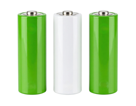 Three cylindrical batteries standing upright, two green and one white, with metallic tops.