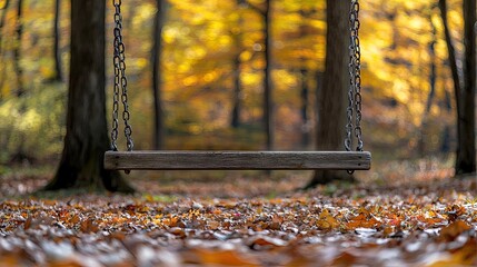 Wooden swing set in a forest filled with autumn leaves.