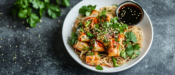 Asian Noodle Bowl with Spring Rolls and Soy Sauce