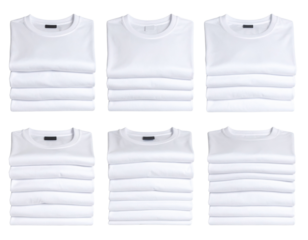 Six stacks of neatly folded white t-shirts arranged in two rows with varying numbers of shirts in each stack.