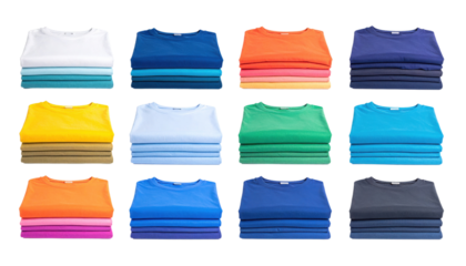 Twelve neatly folded t-shirts in various vibrant colors stacked in a grid pattern.