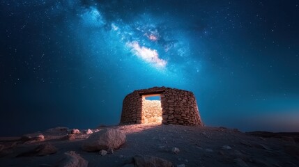 A striking stone structure illuminated against a stunning starry sky, showcasing the beauty of the cosmos with the Milky Way beautifully arched above the scene.