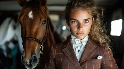 Zelfklevend Fotobehang A powerful portrait of a young equestrian standing confidently beside her horse, showcasing the bond between rider and animal in an elegant stable setting. © Larisa AI