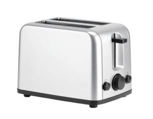 A sleek, modern two-slice toaster with a metallic finish and adjustable browning control knob.