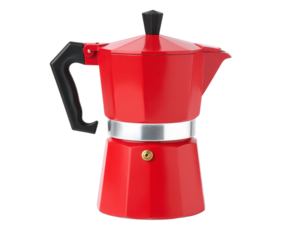 A classic red stovetop espresso maker with a black handle and knob, designed for brewing strong coffee on a gas or electric stove.