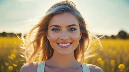 A woman stands in a sunny field surrounded by bright yellow flowers