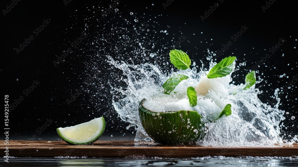 Poster a dynamic image displaying fresh ice splashing out of a coconut bowl, infused with mint and lime, ev