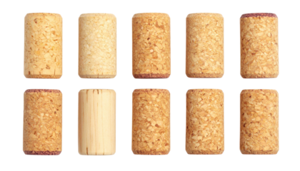 Ten natural cork wine stoppers arranged in two rows against a dark background.