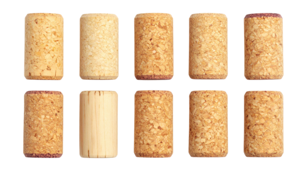 Ten natural cork wine stoppers arranged in two rows against a dark background.
