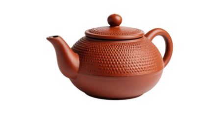 A textured, reddish-brown ceramic teapot with a rounded body, a curved spout, a handle, and a lid with a knob on top.