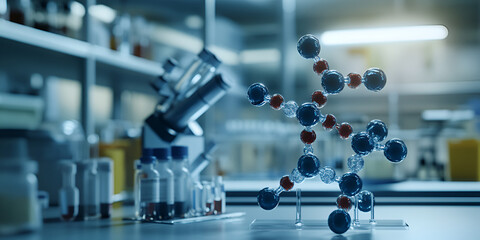 Scientific 3D Molecular Model in Laboratory with Chemical Vials, Molecular Structure and Biotechnology Concept

