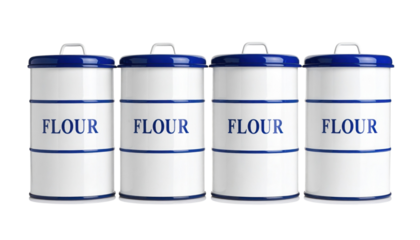 Four white cylindrical metal canisters with blue lids and handles, each labeled "FLOUR" in blue letters.