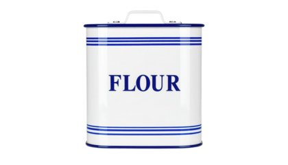 A white cylindrical metal container with blue stripes labeled "FLOUR," featuring a handle on top.