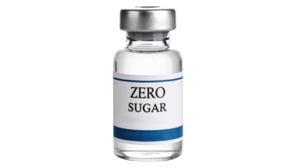 A small clear glass vial labeled "ZERO SUGAR" with a silver metal cap.