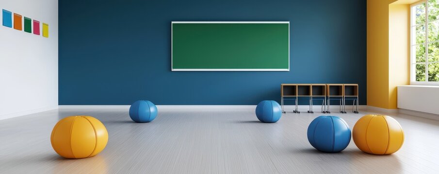 Playful classroom setup with colorful balls school environment interior view