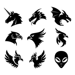 Obraz premium Fantasy Creature Head Icon Set – Minimalist Black Silhouettes on White Background