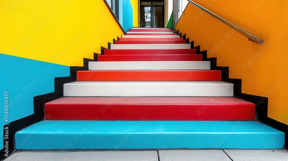 Poster vibrant staircase painted in multiple colors, leading up to a bright entrance, creating a cheerful a