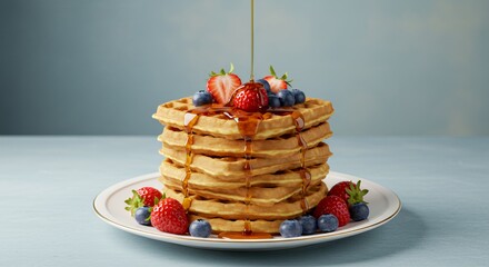 Golden-brown waffles stacked high, drizzled with maple syrup and adorned with fresh strawberries and blueberries, create a mouthwatering breakfast scene.