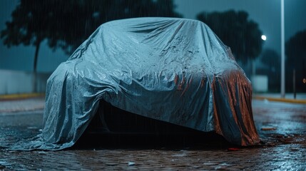 A car draped in a wet protective cover rests quietly in the rain during the night, hinting at mystery and anticipation while illuminated by soft streetlights.