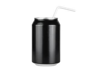 A sleek black aluminum beverage can with a white bendable straw inserted into the opening.