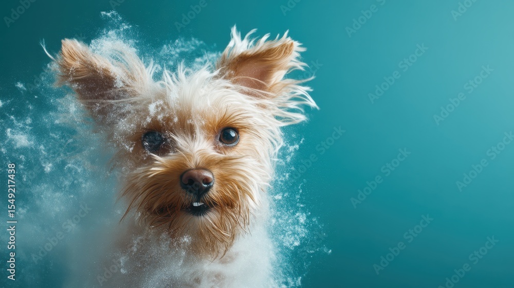 Poster a close-up image of a fluffy dog with a joyful expression as white dust swirls around it, creating a