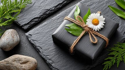 Fototapeta premium Black gift box with daisy and twine on dark slate with natural elements - elegant and simple