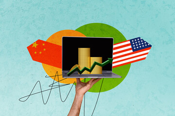 Trend template sketch design 3D photo collage of hand hold laptop arrow up coins cash arrow china...