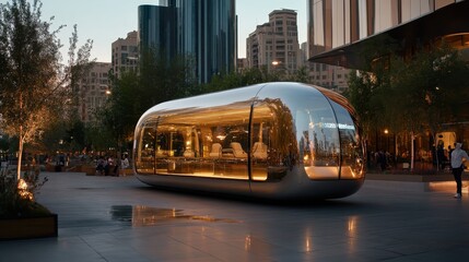 A sleek, futuristic transparent structure glimmers in an urban environment, symbolizing innovation, luxury, and contemporary architectural design, attracting attention in a vibrant city atmosphere.