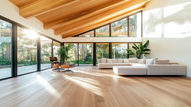 A beautifully designed modern living space features large windows and wooden beams, creating a warm environment filled with natural light that promotes comfort and relaxation.