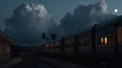 Night train under a bright full moon