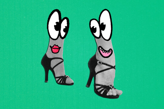 Trend artwork banner sketch 3D photo collage of funny abstract emoji cartoon expression male female legs wear stiletto shoes walk couple - Powered by Adobe