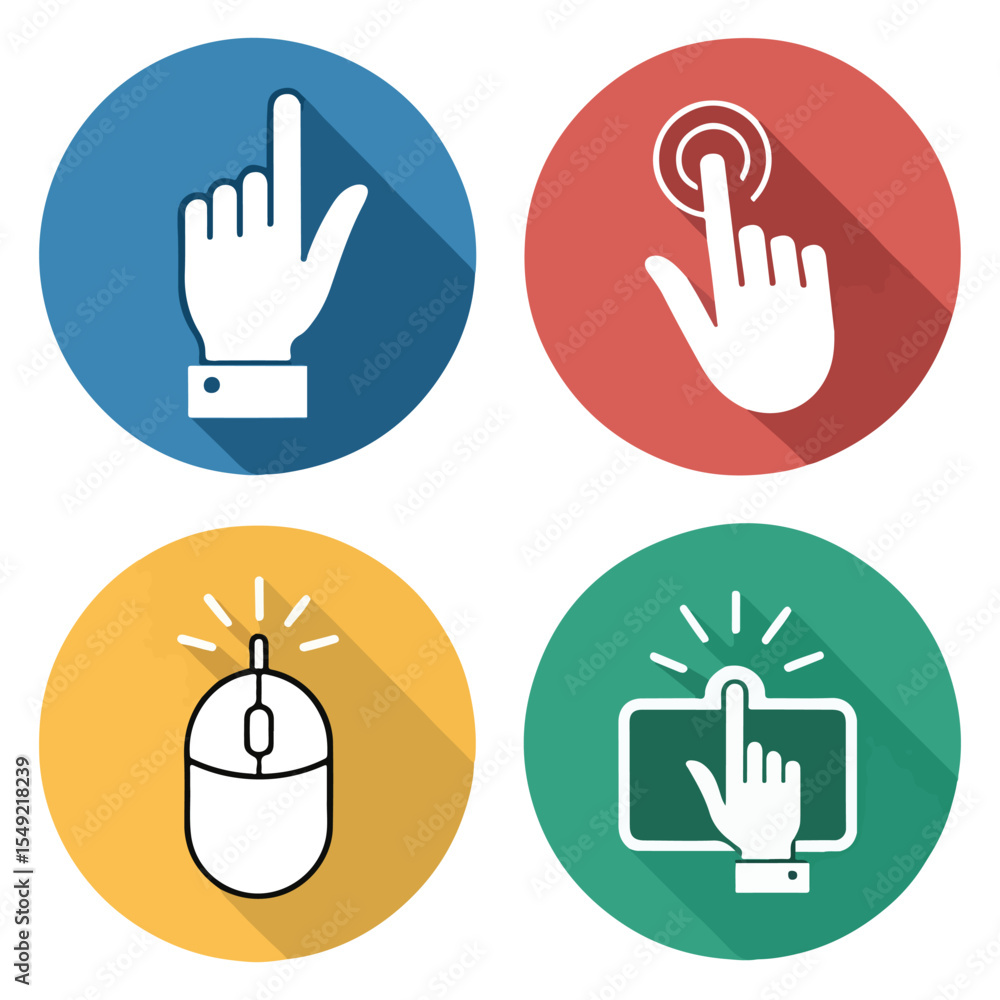 Poster hand clicks, mouse clicks, and touchscreen interactions a collection of click icons