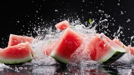 A captivating shot of juicy watermelon pieces splashing into dark water, creating a vibrant scene that highlights freshness and the joy of summer moments.