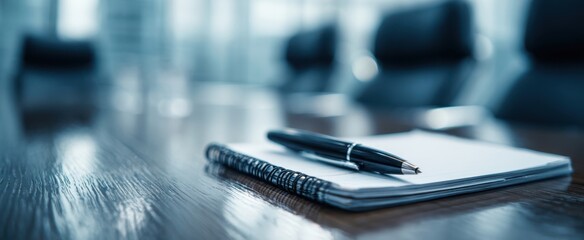 The elegant pen resting on a notebook in a corporate meeting space.