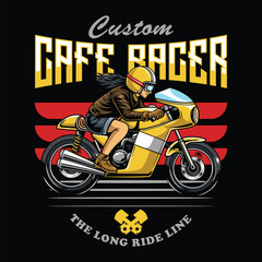 A Beautiful woman wearing open face crash helmet and sunglasses riding a yellow retro cafe racer motorcycle from a side view cartoon illustration