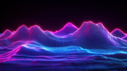 3D render featuring glowing neon blue and purple waves pixelated mountain peaks and a dynamic grid pattern Combines retro aesthetics with a futuristic vibe perfect for tech-inspired designs