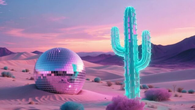 Futuristic Neon Cactus and Disco Ball in Pink Desert Landscape