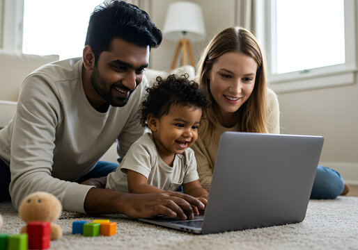 Happy family of three, including a young child, uses a laptop together on a carpeted floor.