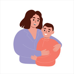 Mother hugs her son. Happy family, caring for their child. Vector flat graphics.