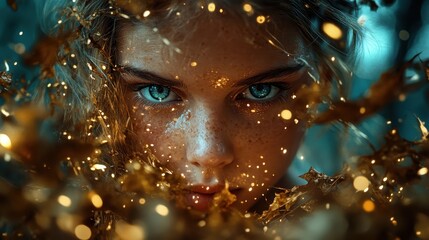 This image features a compelling close-up of a young woman surrounded by shimmering leaves, creating a magical and captivating atmosphere perfect for various artistic themes.