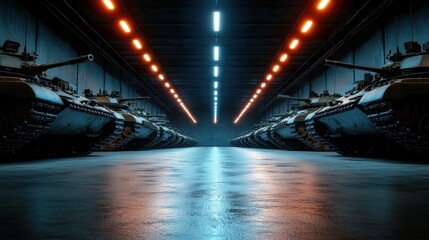 The image showcases a line of military tanks stored in a dimly lit warehouse, emphasizing the stark contrast between technology and the industrial environment around them.