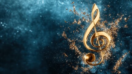 A shiny musical note silhouette emerges from a sparkling cosmic background, symbolizing creativity and the universal language of music in a mesmerizing visual.
